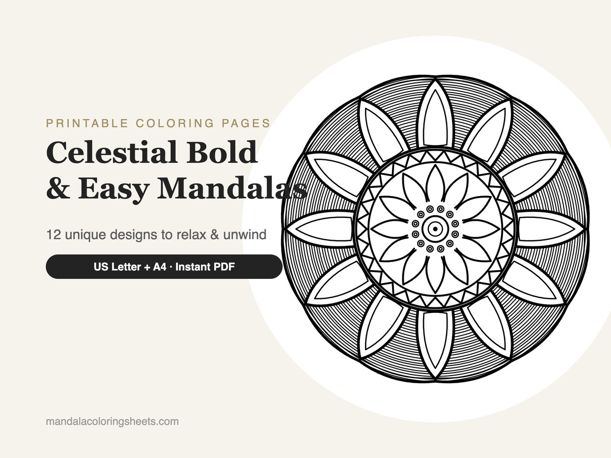 Celestial Bold & Easy Mandalas Coloring Pages — 12 Sheet Bundle — printable mandala coloring bundle