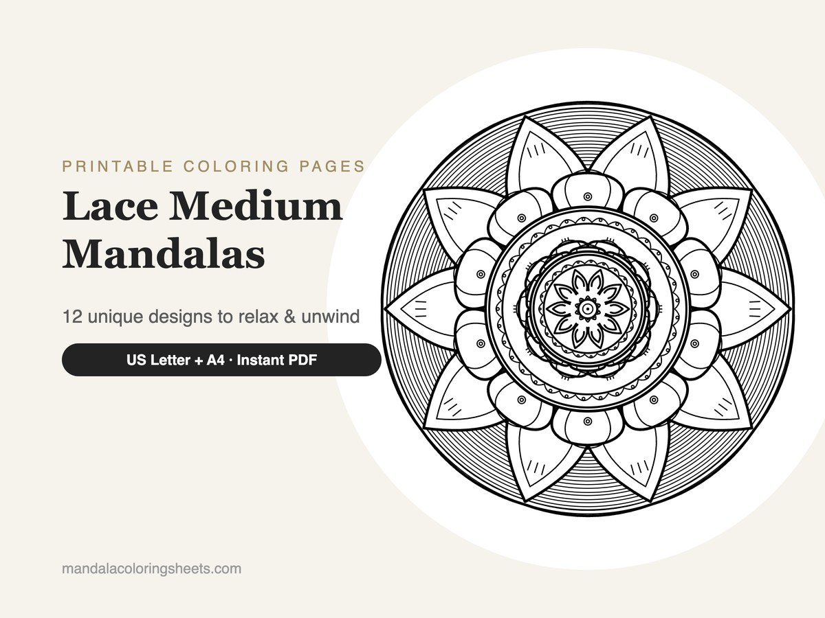 Lace Medium Mandalas Coloring Pages — 12 Sheet Bundle — printable mandala coloring bundle