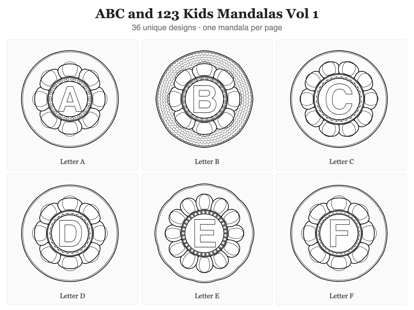 ABC & 123 Kids Mandalas — all pages at a glance