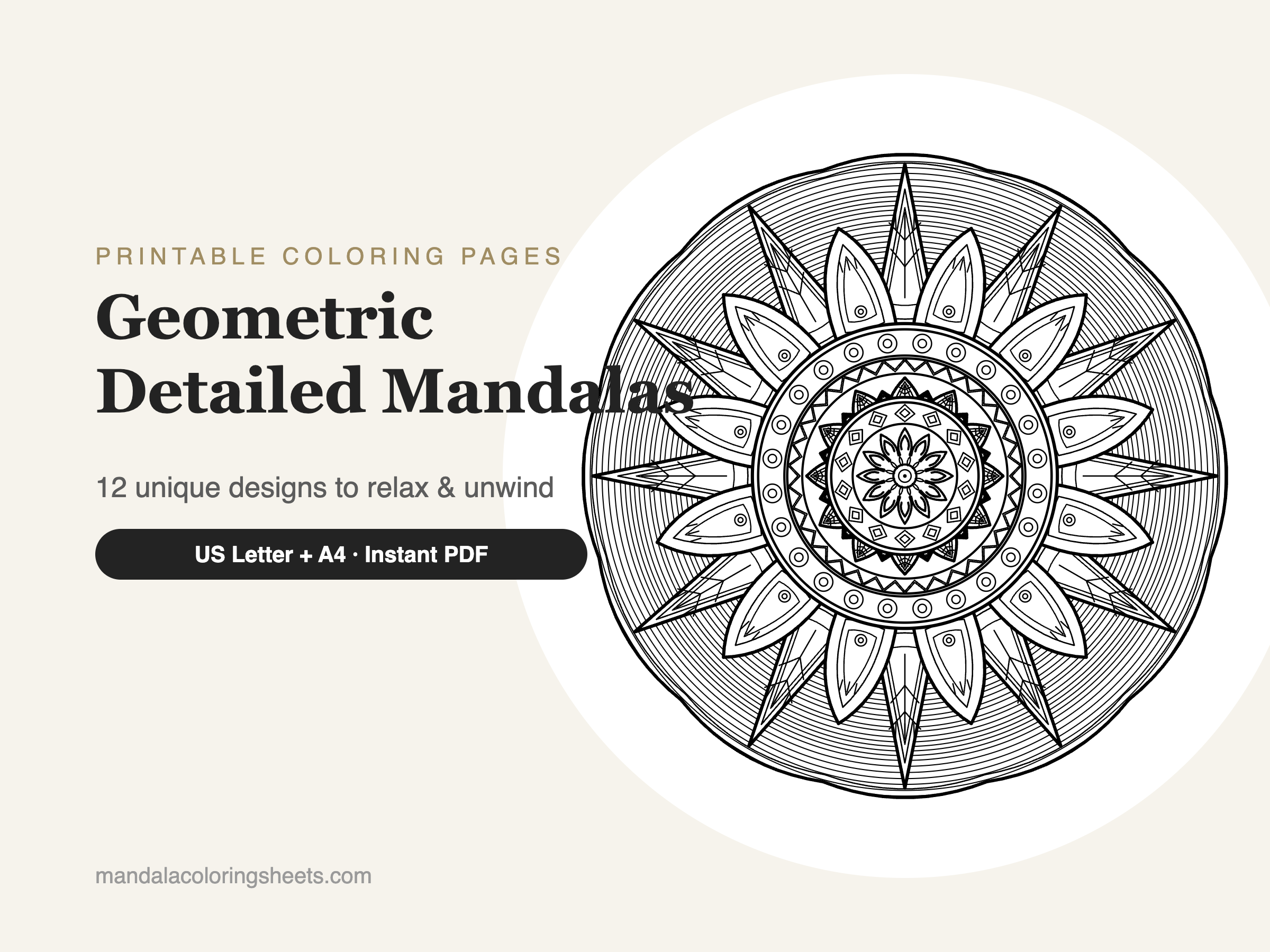 Geometric Detailed Mandalas Coloring Pages — 12 Sheet Bundle