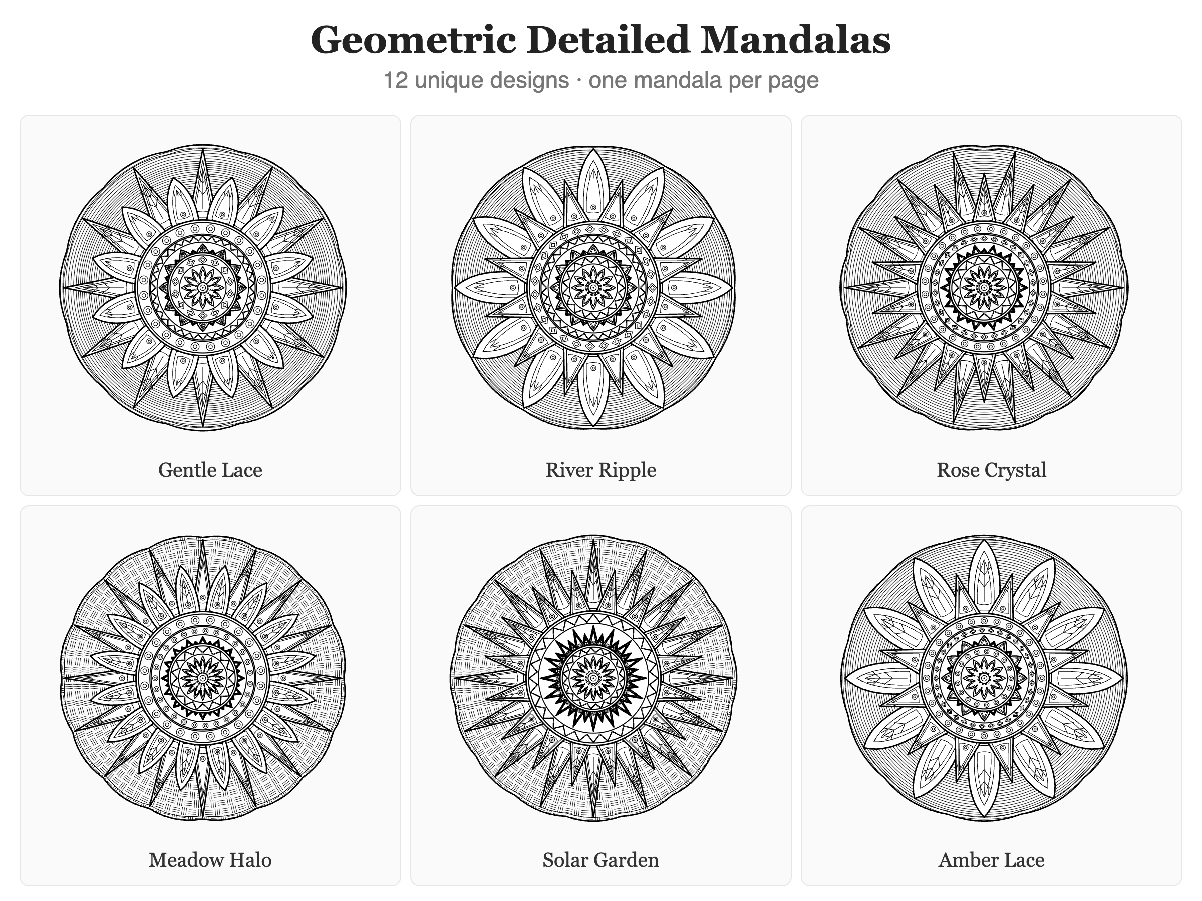 Geometric Detailed Mandalas Coloring Pages — 12 Sheet Bundle preview 2