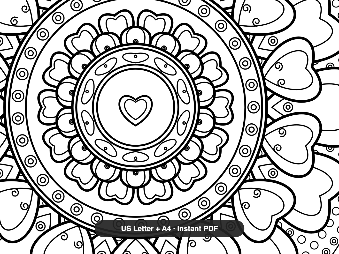 Hearts & Love Mandalas — line-art detail