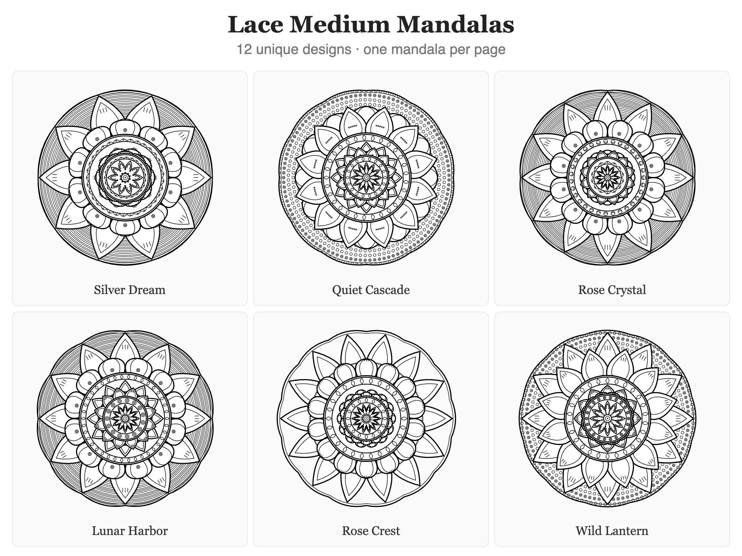Lace Medium Mandalas Coloring Pages — 12 Sheet Bundle preview 2